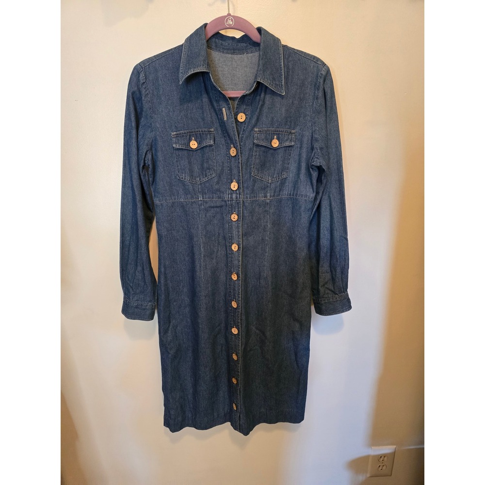 Vintage Blue Denim Midi Shirt Dress Long Sleeve Wood Button Front Medium Wash